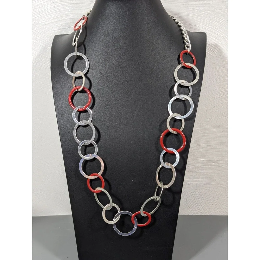 Modernist Silver Tone Red Round Chain Link Long Necklace Statement 32